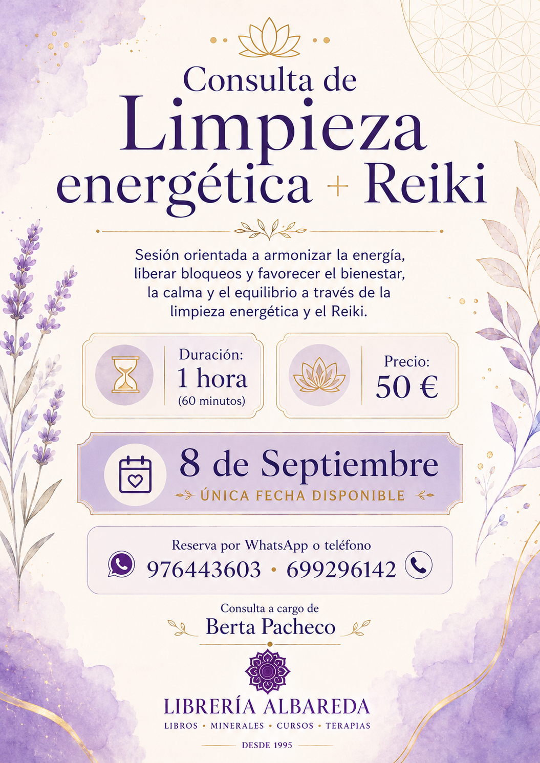 Cartel de CONSULTA DE «LIMPIEZA ENERGÉTICA + REIKI»